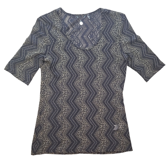 BKE Tops - BKE Boutique Sheer Lace Chevron Top Large Black Floral Mesh Buckle